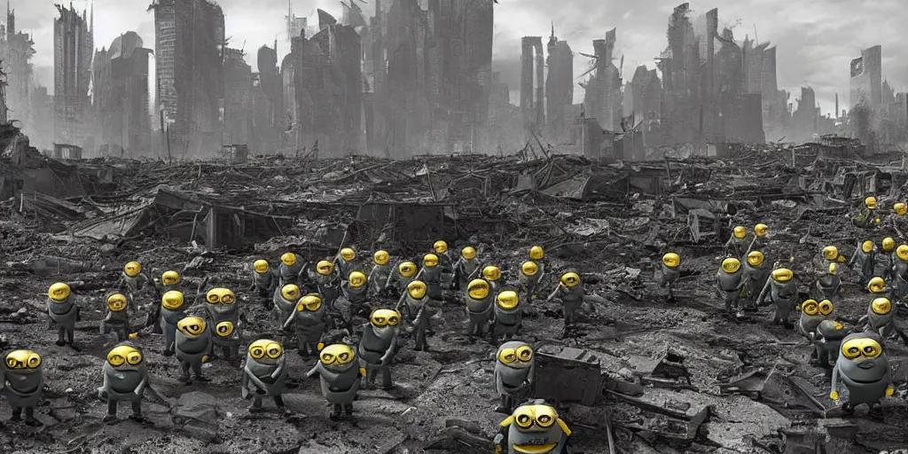 Image similar to army of minions in the middle of the ruins of cyberpunk moscow after the bombing, a minimum of surviving houses, a dim sky, a dead city