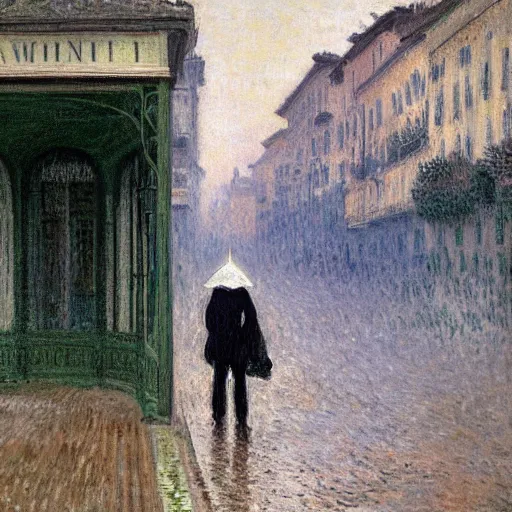 Image similar to painting of a guy with white hoodie and headphones at a bus stop in genoa rainy day by monet