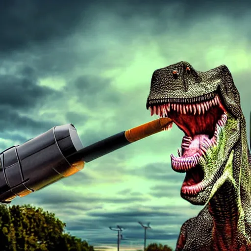 Image similar to dinosaur smoking a cigarette in their mouth realistic hdr professional shot