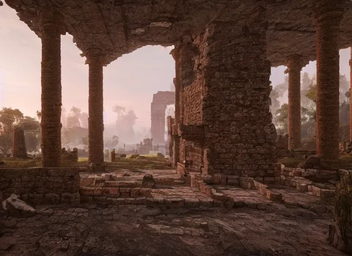 Prompt: a land of ruins of lost civilization with a fort in the middle, pure gold pillars, water tunnels below and a magical time gate to another dimension, a wounded man wearing a white robe standing watching over, dramatic lighting, dawn, by caspar david friedrich, unreal engine 5