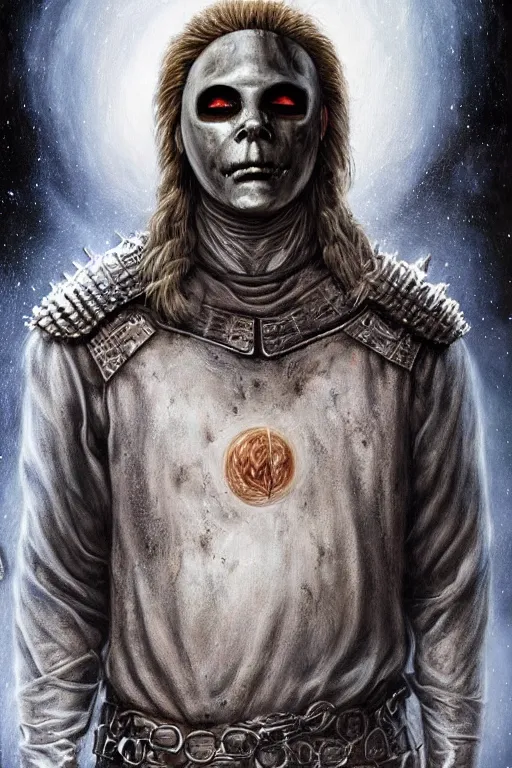 Image similar to full body concept art of Michael Myers wearing viking armor made with porcelain by Jeff Easley and Peter Elson + beautiful eyes, beautiful face + symmetry face + galaxy + gothic, surreal, dread + highly detailed, intricate complexity, epic composition, magical atmosphere + masterpiece, award winning + trending on artstation