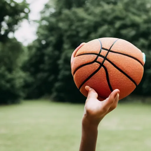 Image similar to a basketball sits near an apple which sits near a frisbee while a hand points to the fruit, photo