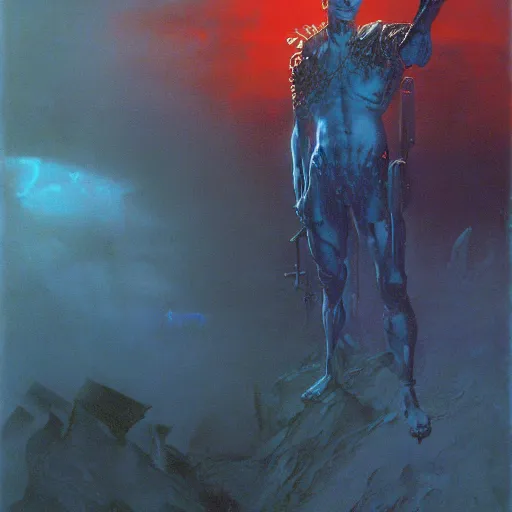 Prompt: man waking up, dark and still room, cinematic light, backlight, red sky blue, misty, by mikhail vrubel, by philippe druillet, by peter elson, by gerald brom, muted colors, ( ( extreme detail ) ), trending on artstation, 8 k w 7 6 8