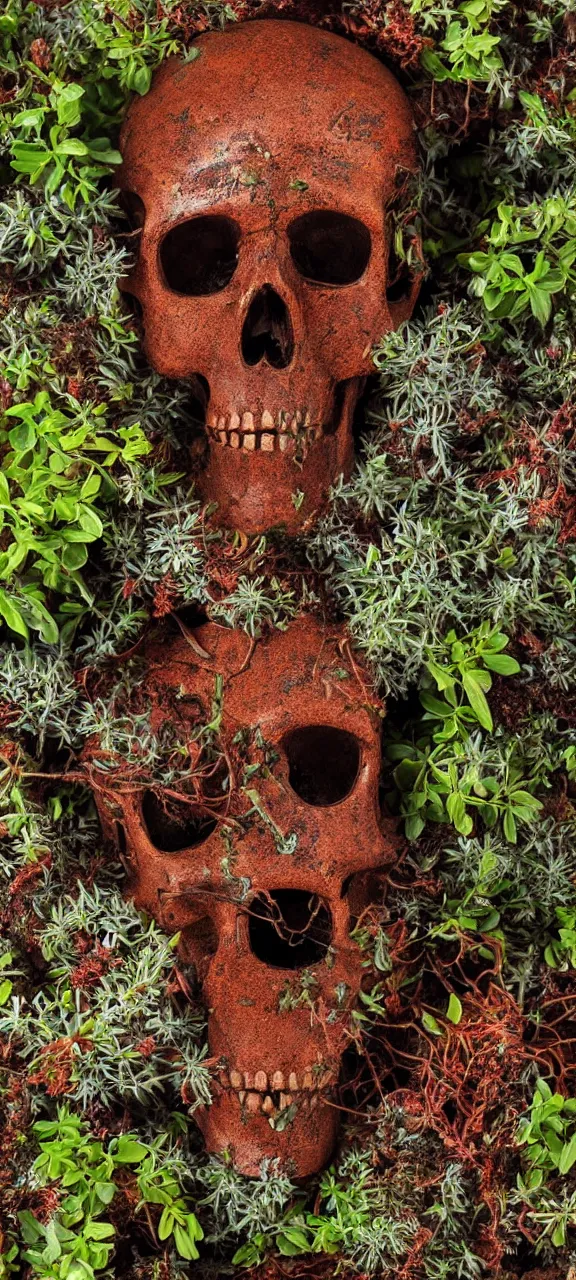 Image similar to award winning photo of robot skull rusty and filled with plants, stunning, 4 k, detailed, top - down, realistic