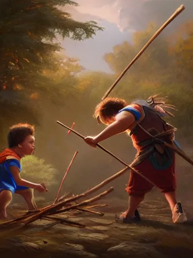 Prompt: kids playing with sticks. fight intricate, elegant, highly detailed, digital painting, artstation, concept art, sharp focus, illustration, by justin gerard and artgerm, 8 k