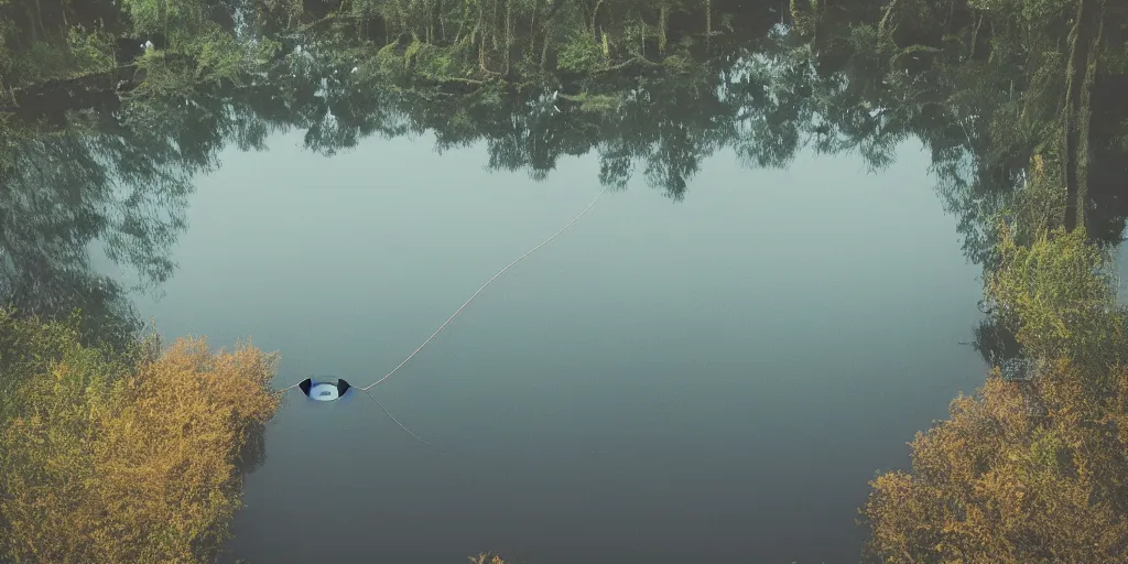 Image similar to centered photograph of a long rope snaking directly on the surface of the water, dark lake on a cloudy day, color film, trees in the background, hyper detailed photo, anamorphic lens
