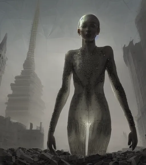 Image similar to ethereal picture of tarkovsky greatest scene, aura of the ancient destroyed majestic tower of babylon, a woman in futuristic cyber clothing, transparent puffer jacket, hyperealistic, blockchain, cyber world, ambient lighting, concept art, intricate, hyper detailed, smooth, dynamic volumetric lighting, ocatane, ray trace, cinematic, high quality, cgsociety