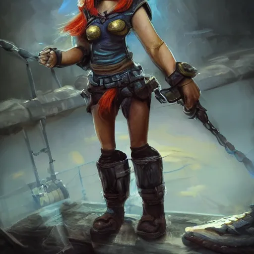 Image similar to realistic full body portrait of a real-life scrappy female gnome engineer with pixie undercut hair, one of her arms is a prosthetic metal thunder gauntlet, standing on a ship deck, thunder fantasy magic, naval background, D&D, highly detailed, digital painting, HD, trending on ArtStation, dark fantasy, great composition, concept art, matte, sharp focus, illustration, by Greg Rutkowski