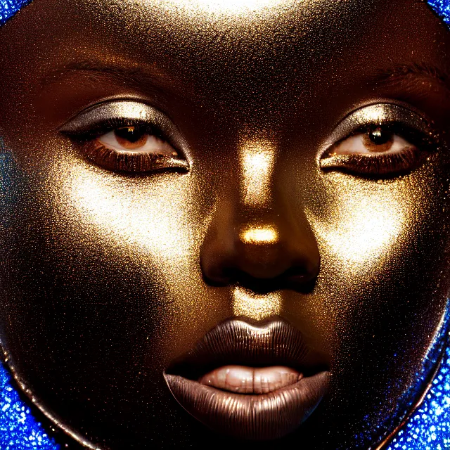 Image similar to portrait of metallic face, african woman, mercury, reflections, smooth liquid metal texture, proud looking, outdoor, nature, blue sky, 8 k, realistic, depth of field, highly detailed, art photography