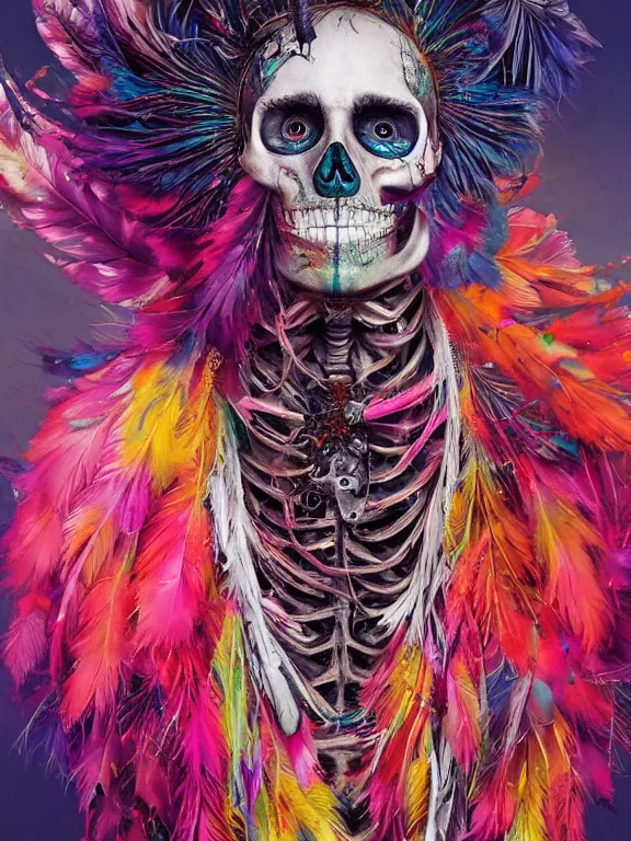 Image similar to art portrait of skeleton with colorful feathers exploding out of head,8k,by tristan eaton,Stanley Artgermm,Tom Bagshaw,Greg Rutkowski,Carne Griffiths,trending on DeviantArt,face enhance,hyper detailed,minimalist,full of colour