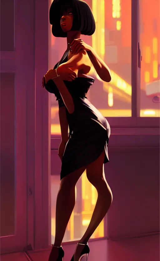 Prompt: anime, a beautiful black femme fatale woman wearing a cocktail dress and heels, blade runner, at night, realistic shaded lighting by ilya kuvshinov giuseppe dangelico pino and michael garmash and rob rey, 8 k