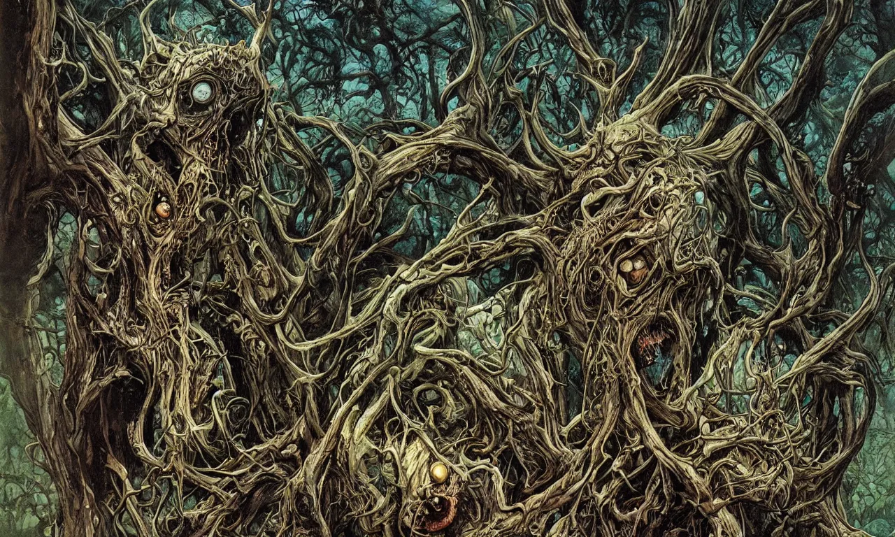 Image similar to hyperdetailed art nouveau portrait of treebeard as a chimera eyeball skull dragon monster, by micheal whelan, simon bisley and bill sienkiewicz, grim yet sparkling atmosphere, photorealism, claws, ribcage, fangs, forest, wild, crazy, scary, horror, lynn varley, lovern kindzierski, steve oliff