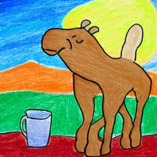 Image similar to Child drawing of camel sipping tea on the desert