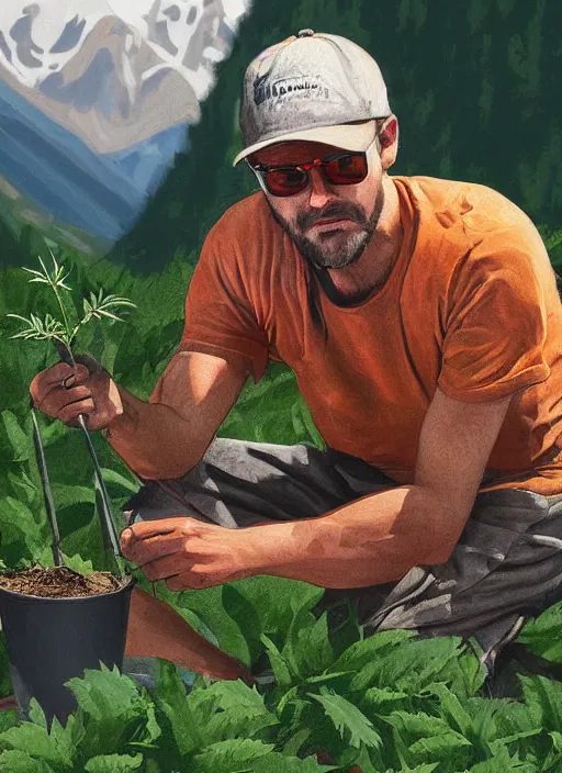 Prompt: digital portrait of a person looking like aleksandr lukanhesko cultivating weed in mountains, hot sun, photo realism