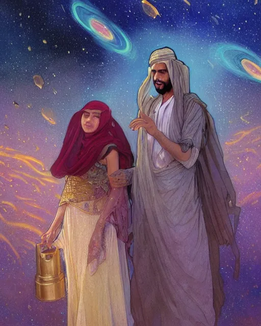 Image similar to bedouin man and woman and child, quran falling from the sky in galaxy walking towards mosque surrounded by nebula, highly detailed, gold filigree, romantic storybook fantasy, soft cinematic lighting, award, disney concept art watercolor illustration by mandy jurgens and alphonse mucha and alena aenami, pastel color palette, featured on artstation