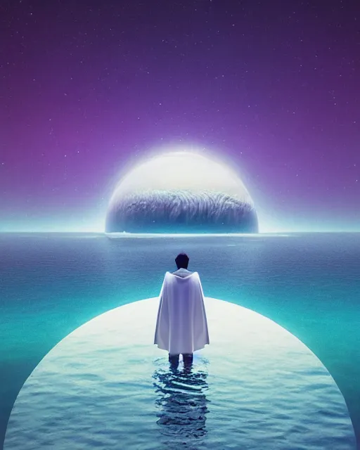 Image similar to a person wearing a white cloak standing in the water. a large planet is overhead. an album cover by stanley twardowicz, trending on cg society, retrofuturism, retrowave, chillwave, synthwave