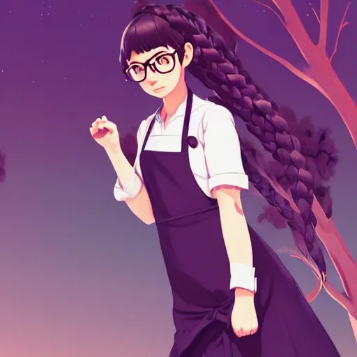 Prompt: a beautiful full body portrait of a young woman with two thick braids behind, wearing glasses and an apron standing in a park, very symmetric and beautiful face, makoto shinkai, james gilleard, ilya kuvshinov, very detailed, matte, gaussian blur, tone mapped William-Adolphe, trending on pixiv