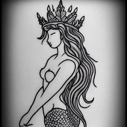 Image similar to a peaceful meditative mermaid wearing a crown, full body, highly detailed new school tattoo design