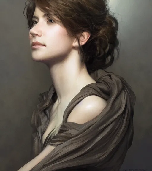 Prompt: portrait of a young woman, soft features, gentle smile, muscular, half body, cloth, short brown hair, back light, d & d, fantasy, intricate, highly detailed, digital painting, artstation, concept art, smooth, sharp focus, illustration, art by artgerm and greg rutkowski and alphonse mucha