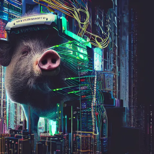 Image similar to a portrait photograph of a big aggressive male cyberpunk pig, circuit boards, motherboard, mainboard, wires, cable management, electrical wires, activity lights, cyberpunk, artstation, detail, hyperrealistic, digital photograph, natural light canon eos c 3 0 0, ƒ 1. 8, 3 5 mm, 8 k