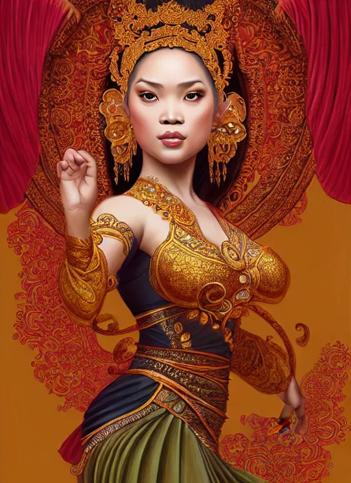 Image similar to javanese traditional dance, surealism, aesthetic, shiny, fantasy, intricate, elegant, extremely higly detailed, digital painting, artstation, anatomy perfect, baroque, concept art, photoshop, krita, smooth, sharp focus, full body focus, illustration, digital painting, art by artgerm and greg rutkowski and alphonse mucha