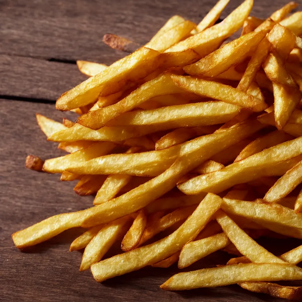 Image similar to close-up view of french fries on top of a wooden table, 8k, high detail, photorealistic, proper shading