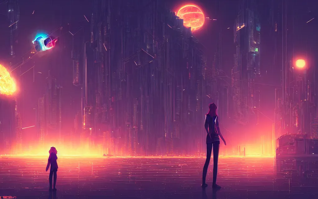 Image similar to girl staring at a meteorite hitting a floating cyberpunk city at night by wlop, low poly art, ultra detailed color art, high detail, digital art