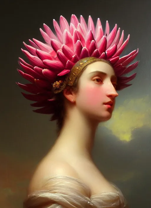 Prompt: stunning spanish godess, detailed pink and white protea head peace against a black backdrop by ivan aivazovsky, wlop, oil painting, beautiful soft lighting, muted colours, artstation