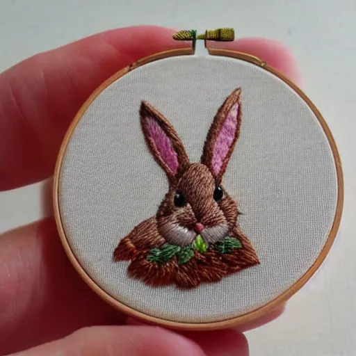 Prompt: a tiny beautiful handmade embroidery of a very cute rabbit. hand embroidery.