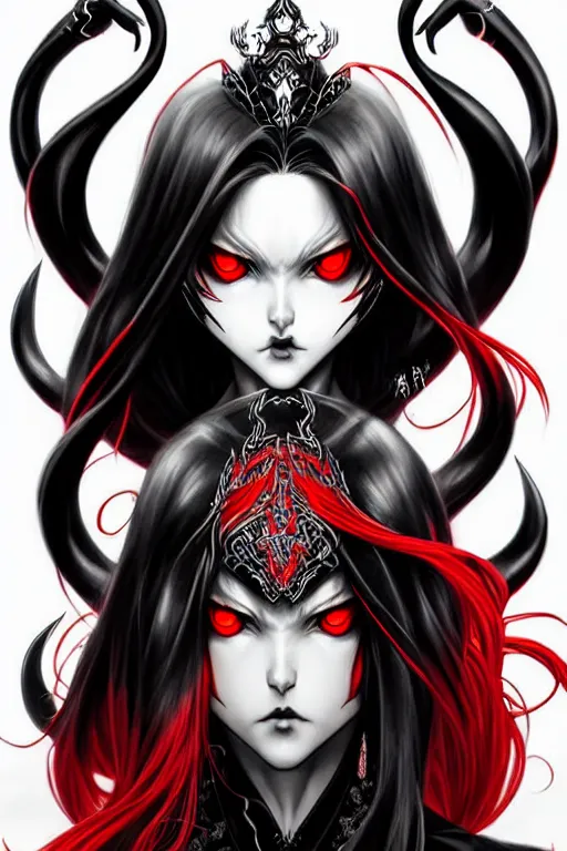 Image similar to single beautiful demon queen woman only, manga style only, black white and red colors only, symmetrical face, symmetrical full body, demonic, dramatic, powerful, super detailed and intricate, hyper realistic, 4 k render, by artgerm, by kyoung hwan kim, by ralph mcquarrie, by yoshiyuki tomino