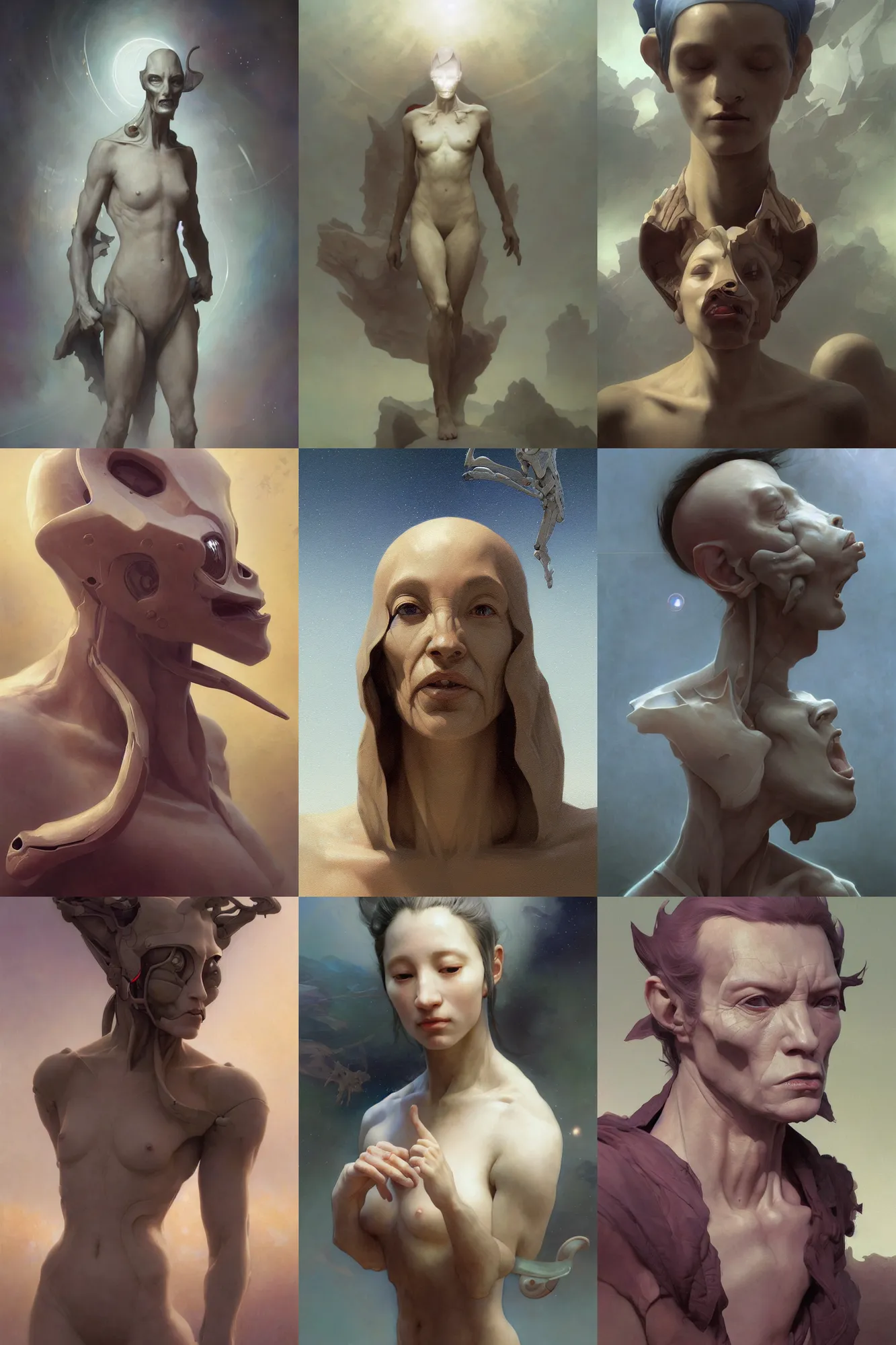 Prompt: depiction Transdimensional alien, Future of human evolution illustration by Ruan Jia and Mandy Jurgens and William-Adolphe Bouguereau, Artgerm, 4k, digital art, surreal, space dandy style, highly detailed, godsend, artstation, digital painting, concept art, smooth, sharp focus, illustration by Ruan Jia and Mandy Jurgens and William-Adolphe Bouguereau