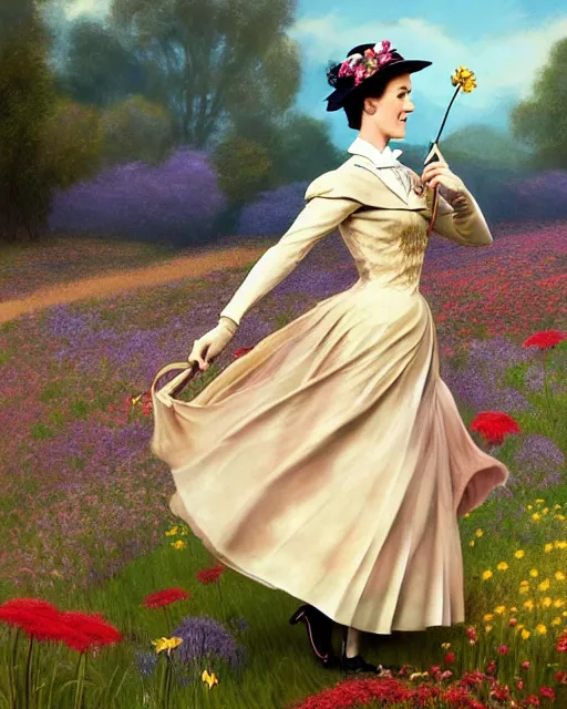 Image similar to Julie Andrews Mary Poppins from Disney 1964 dancing in a field full of flowers, D&D, fantasy, intricate, elegant, highly detailed, digital painting, artstation, concept art, matte, sharp focus, illustration, hearthstone, art by Artgerm and Greg Rutkowski and Alphonse Mucha