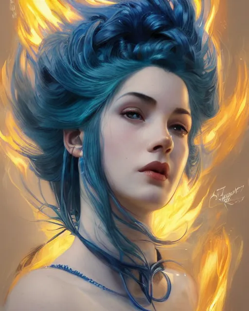 Prompt: Side Profile Portrait of a blue haired Goddess, holding a spark of all creation in her hands, intricate, elegant, overdetailed, professional digital painting, artstation, concept art, smooth, sharp focus, 8K, art by artgerm and greg rutkowski and alphonse mucha and loish and WLOP