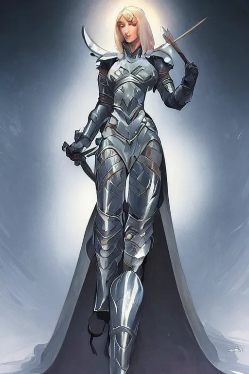 Image similar to fantasy female knight design with light armor, minimal design, practical, elegant, good shapes, semi realistic, concept art, digital illustration, by alphonse mucha, artgerm