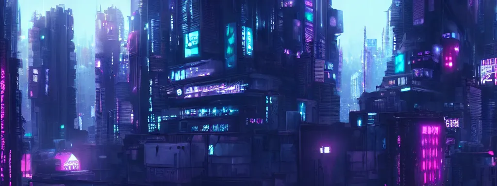 Image similar to matte painting of a dark neon cyberpunk city in the film ghost in the shell, trending on artstation, 8k, ultra hd