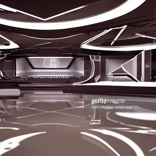 Image similar to futuristic news studio, concept art, wide lens, cinematic composition, architecture, iterior