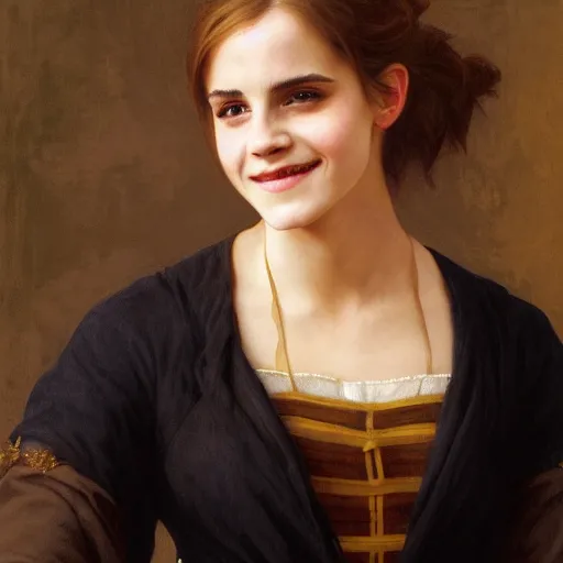 Image similar to Painting of Emma Watson as Hermione Granger. Smiling. Happy. Cheerful. Art by william adolphe bouguereau. During golden hour. Extremely detailed. Beautiful. 4K. Award winning.