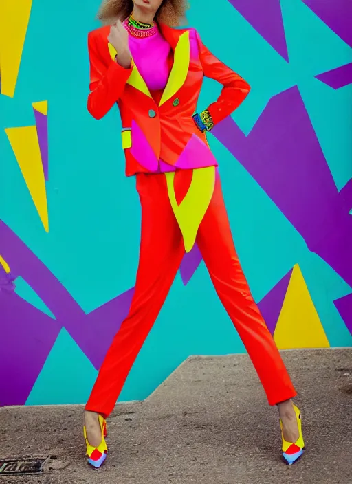 Image similar to bright trouser suit for a rave, bright colors, many details, prints, photo for a magazine, photo for a store, fashion photography, Vogue, 135 mm, cinematic, hyper realism, high detail, 8k, Two models in the frame, dynamic pose,Smooth skin, perfect face