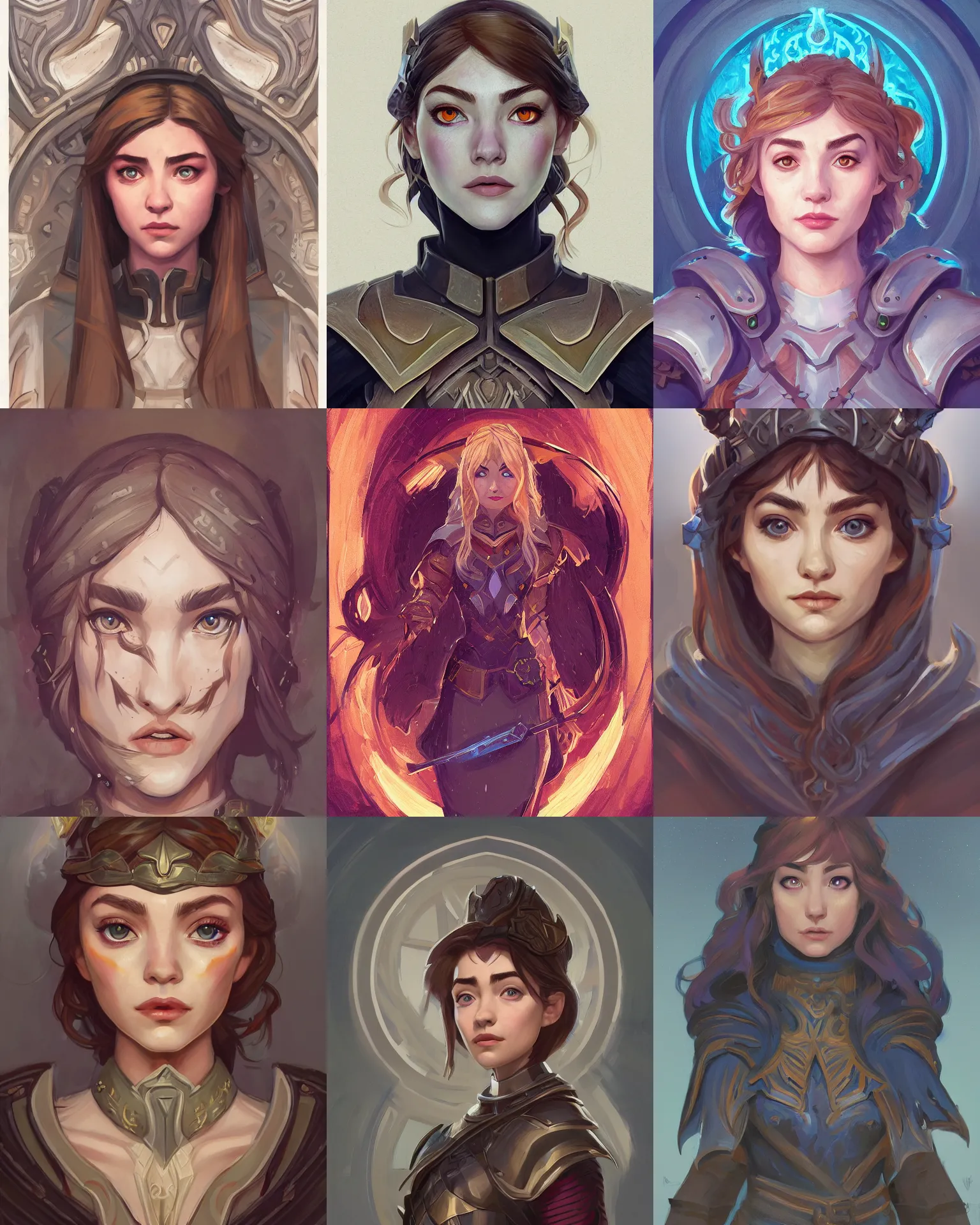 Prompt: front facing symmetrical centered painted portrait, just one head, Imogen Poots as a D&D Paladin, RPG character avatar, Mucha style, Blizzard concept art, pixar, dreamworks, global illumination lighting, trending on artstation, by lois van baarle, ilya kuvshinov, rossdraws