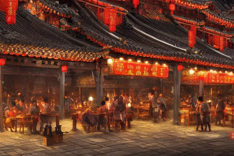 Prompt: fantasy art of a bustling tavern in china, at night, by fenghua zhong, highly detailed digital art, trending on artstation