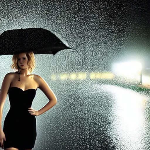 Prompt: cinematic rainy night romantic scene with jennifer lawrence wearing short black dress, shiny skin, sexy, small details, volumetric light, radiant light