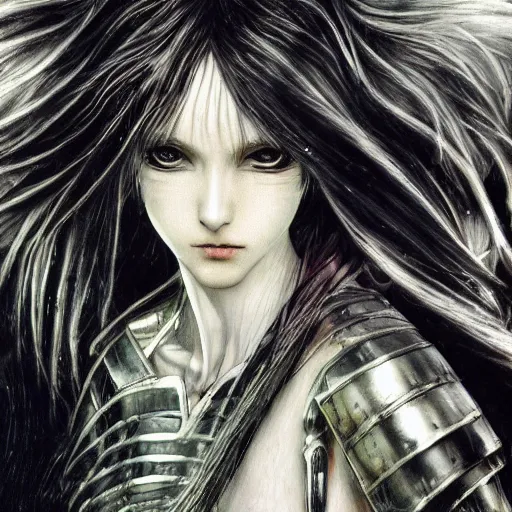 Image similar to yoshitaka amano realistic illustration of an anime girl with wavy white hair and cracks on her face wearing elden ring armour with the cape fluttering in the wind, abstract black and white patterns on the background, noisy film grain effect, highly detailed, renaissance oil painting, weird portrait angle