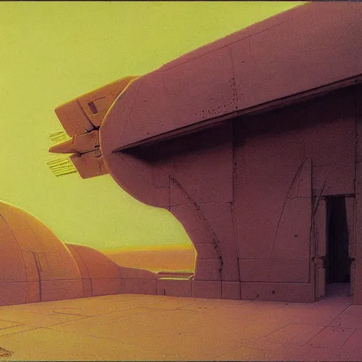 Image similar to painting of a syd mead scifi ancient civilzation brutalist architecture, purple sun, beksinski