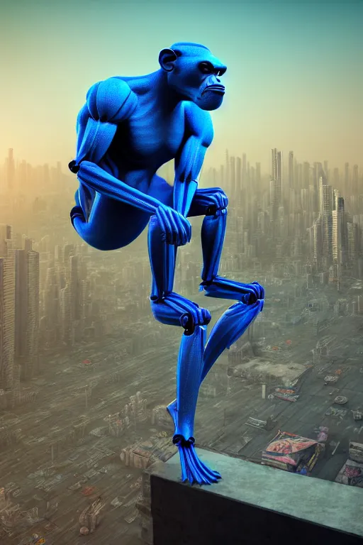 Prompt: high quality 3 d render stylized mischievous cyborg muscular man monkey blue hybrid sitting, madhubani, highly detailed, cyberpunk!! mumbai in the background, unreal engine cinematic smooth, szukalski, moody light, low angle, uhd 8 k, sharp focus