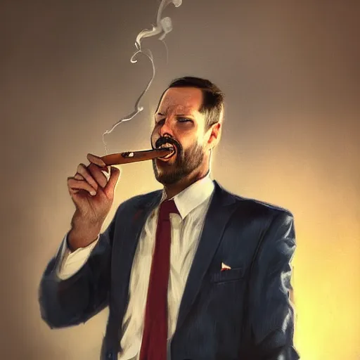 Prompt: andrew tate wearing a suit smoking a cigar on his mouth, dramatic lighting, cinematic, establishing shot, extremly high detail, photorealistic, cinematic lighting, artstation, style by James Gurney