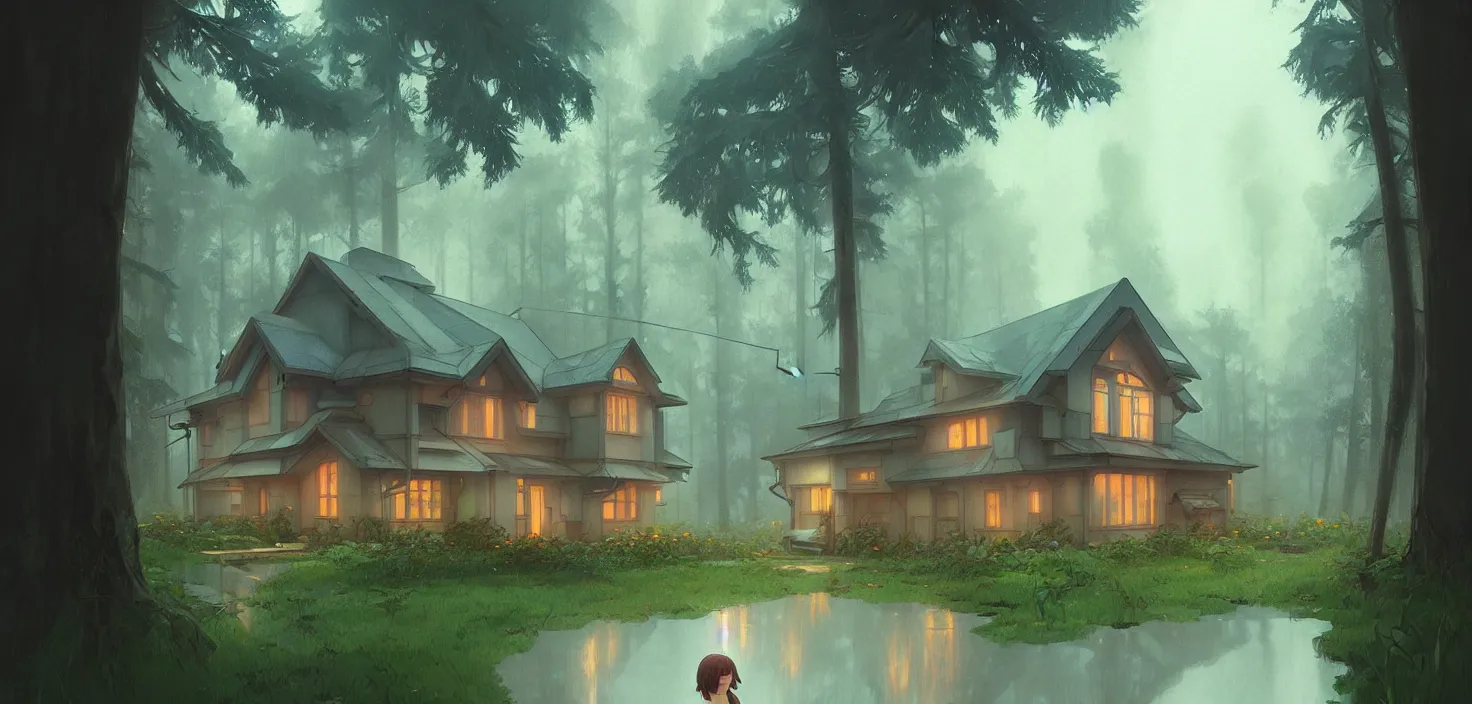 Prompt: heavy rain, alone small house in forest, studio ghibli, pixar and disney animation, science fiction, cyberpunk, sharp, disney concept art illustration by mandy jurgens and alphonse mucha, dynamic lighting