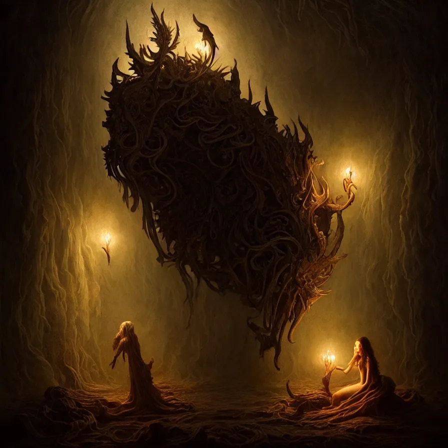 Image similar to epic professional digital art of hungry god, atmospheric lighting, painted, intricate, detailed, foreboding, leesha hannigan, wayne haag, reyna rochin, ignacio fernandez rios, mark ryden, iris van herpen, best on artstation, cgsociety, wlop, pixiv, stunning, gorgeous, much wow, cinematic, masterpiece