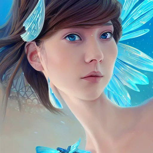 Prompt: 3 / 4 view of a portrait of a water fairy with water wings, elegant, highly detailed, digital painting, artstation, concept art, sharp focus, illustration, strong brush stroke, anime, sharp focus, ghibli studio, art by ilya kuvshinov, rossdraws