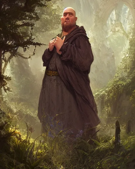 Prompt: detailed portrait of a portly monk, magical, bright spells, fantasy, ruins, overgrown plants, atmosphere, 8 k high definition, insanely detailed, intricate, by charlie bowater, johan grenier