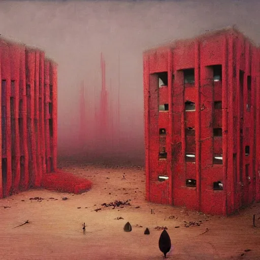 Prompt: surrealist painting of a brutalist building turning into meat, red webs, post apocalyptic, tropical landscape, painted by beksinski